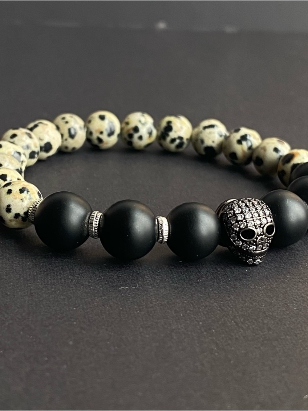Dalmatian Jasper and Matte Hematite Bead Skull Bracelet - Fashion Accessory